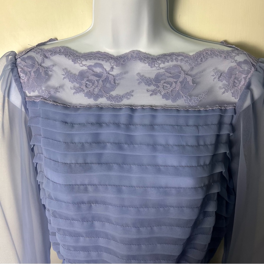 Miss Elliette - Women’s Vintage Belted Chiffon Dress Lace Periwinkle‎ 60s Sz. 10 - Picture 5 of 10